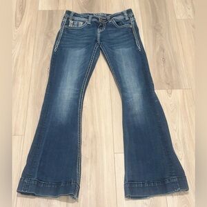 Rock & Roll Cowgirl Thick Stitch Distressed Mid Rise Flared Trouser